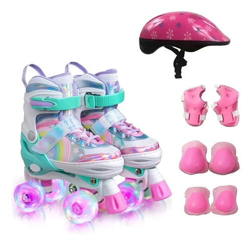 Patins Quad Ajustável Infantil Rosa para Crianças com Kit Proteção e Rodas LED