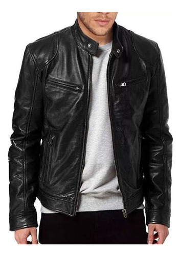 Chaqueta De Cuero Fino Para Hombre Con Cuello Alto