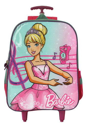 Mochila Escolar De Rodinhas Barbie Luxcel Dois Bolsos Cor Rosa