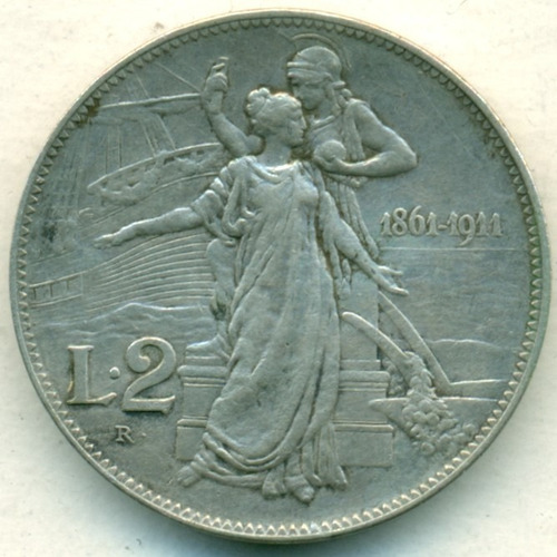 Italia Moneda De Plata 2 Liras 1911 R 50 Aniv. Del Reino