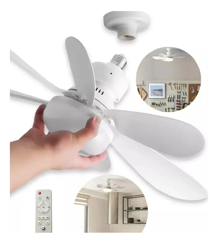 Ventilador de Teto Silencioso Econômico com Luz Led Lâmpada TOP Embutida 3 Cores Ajustáveis Modos Timer Controle Remoto Instalação Fácil no Bocal, Ideal Quarto Sala Cozinha Escritório 6 Pás