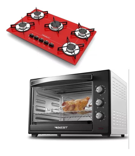 Fogão Cooktop 5 Bocas Vermelho + Forno De Eletrico 60 Litros 127v