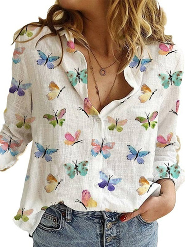 Camisa De Mujer De Algodón Y Lino Con Estampado De Mariposas