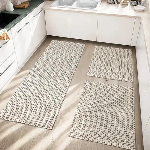 Kit Tapetes de Cozinha em Algodão Caramelo Geométrico - 3 Peças para Bancada e Pia