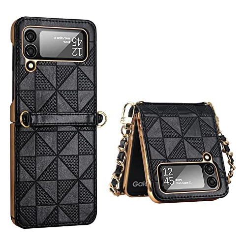 Funda Para Galaxy Z Flip 4 Cuero Labrado Negro Cadena Larga