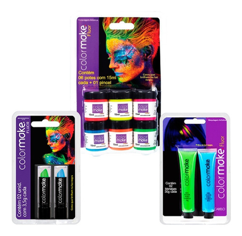 Kit 2 Gel P/ Cabelo + 6 Tintas Facial Líquida + 2 Batom Neon