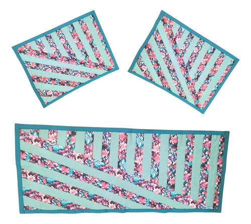 Kit 3 Tapetes Para Cozinha Em Patchwork Artesanal 1.1 M 45 Cm Listrado Verde