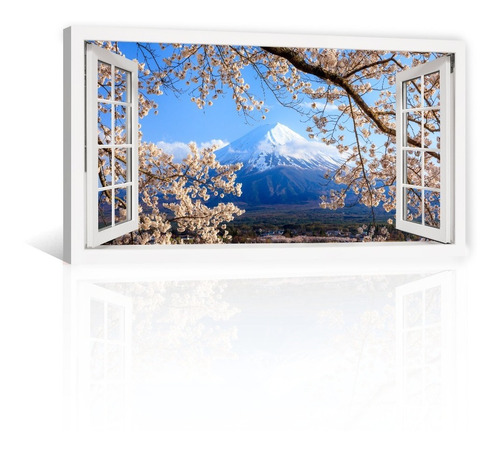 Cuadro Decorativo Canvas Ventana Montañas Fuji Y Cerezo