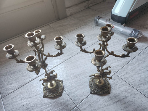 Juego De Candelabros Antiguos Bronce 5 Velas 37cm De Alto