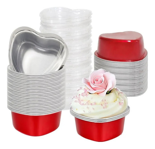 100PCS 3.5oz/100ml Mini Moldes de Torta de Corazón con Tapa Moldes de Torta de Corazón de Papel de Aluminio Banna MON-KP xin-rojo