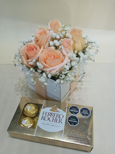 Ramo 6 Rosas Cubo Con Bombones Ferrero Rocher X 8