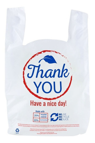 Polpusa Bolsa Tipo Camiseta Reciclada Ad. Cal 50 (impresa Thank You) Blanco 12 +7 X 23 (caja Con 5 Paq De 100 Bolsas)