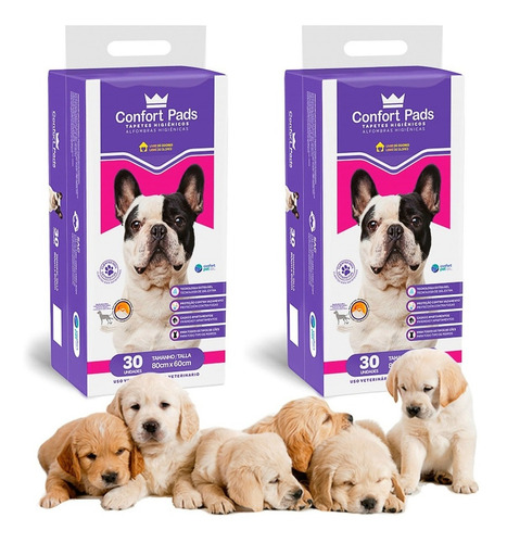 Imagem 1 de 10 de Kit 2 Tapete Higiênico Cachorro 80x60cm Confort Pads C/30 Un