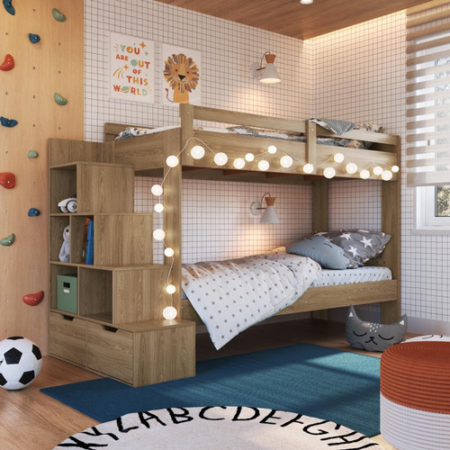 Beliche Infantil Com Escada, Nichos E Gavetas Aveiro Oak