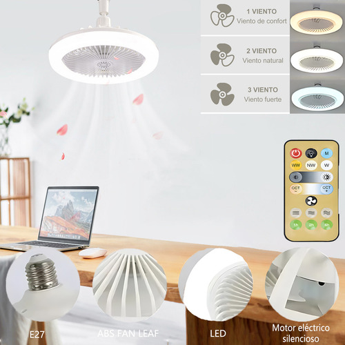 Lampara Ventilador Ventilador De Techo Con Luz Y Control Remoto Con 5 Palas De Plástico Color Blanco Estructura Color Blanco E27