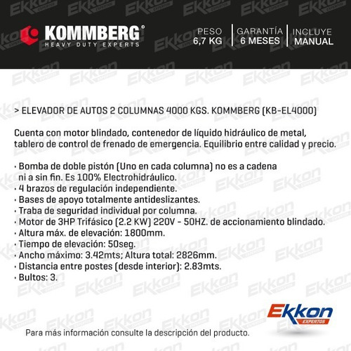 Elevador Autos Kommberg 2 Columnas Bomba Electrohidraulico R
