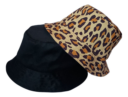 Gorra De Pescador Doble Vista Reversible Negro / Leopardo Negro Unitalla