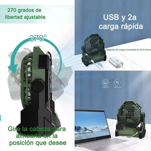 2 En 1 Ventilador De Camping Recargable Portátil Con Luz Led