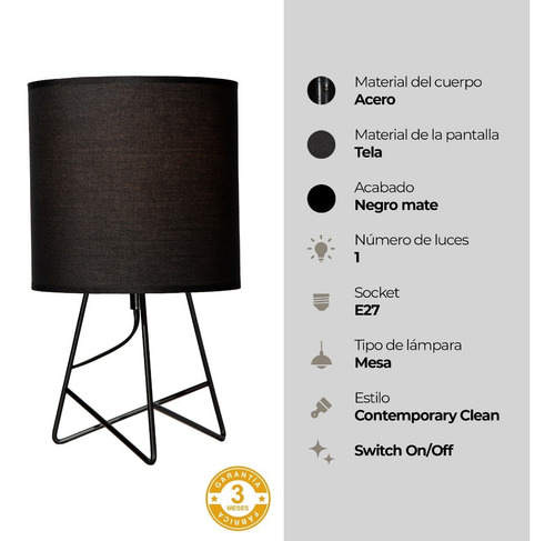Lámpara De Mesa Moderno Negro 60w E27 1 Luz 2 Pack