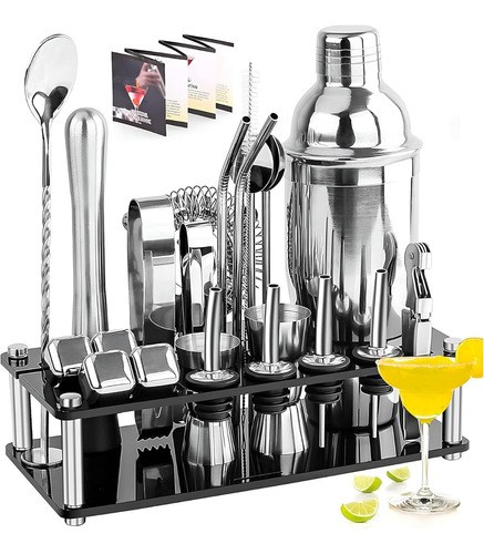 Kit Bartender Profesional Set Coctelera 23 Piezas Bar + Base