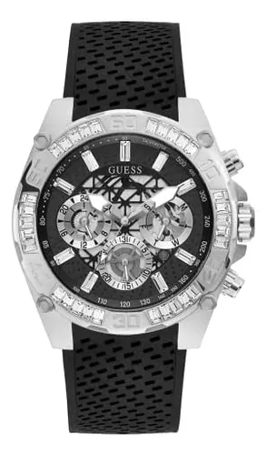 GUESS US - Reloj multifunción de silicona plateada y negra para hombre