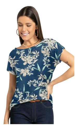 Blusa Feminina Mangas Curtas Em Malha Decote Canoa Estampada