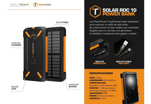 Imagen 3 de 5 de Cargador Solar Portatil Toughtested 10000mah Wireless