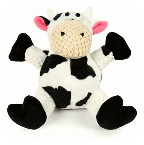 Godog Checkers Sitting Cow Squeaky Plush Dog Toy, Chew Guard