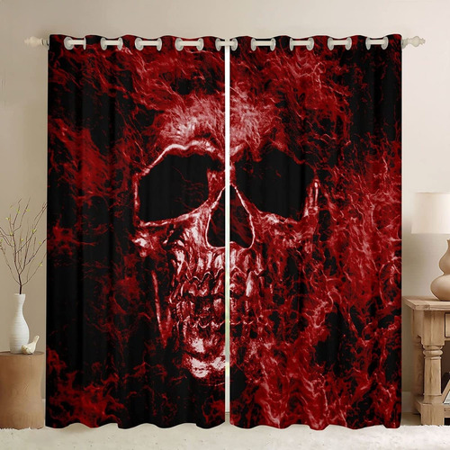 Cortina Opaca Calavera Roja Ventana Estampado Gotica 3d Ojal