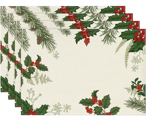 Set De 4 Individuales Navideños De Cono De Pino Holly En Mod