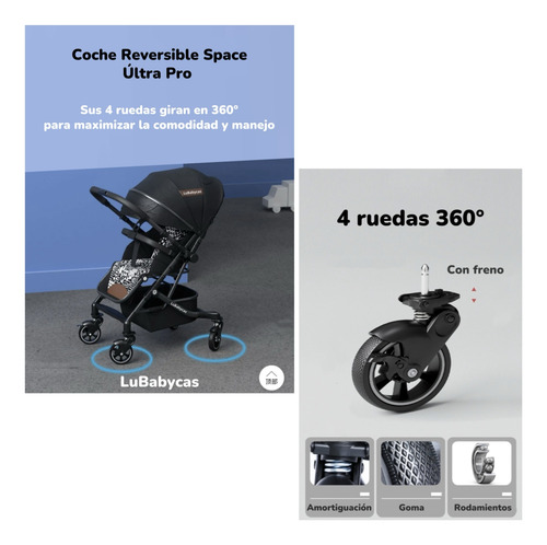 Coche De Paseo Reversible 4 Ruedas 360°space Negro Lubabycas