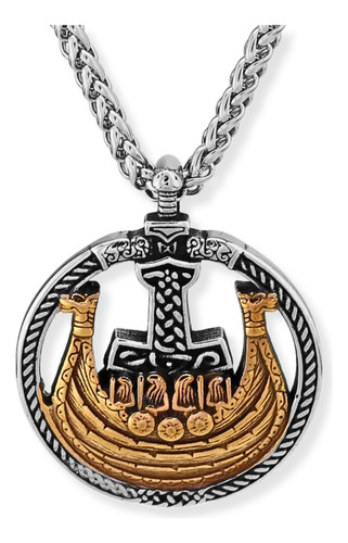 Collar Para Hombre Con Dije Drakkar Mjolnir Vikingo De Acero