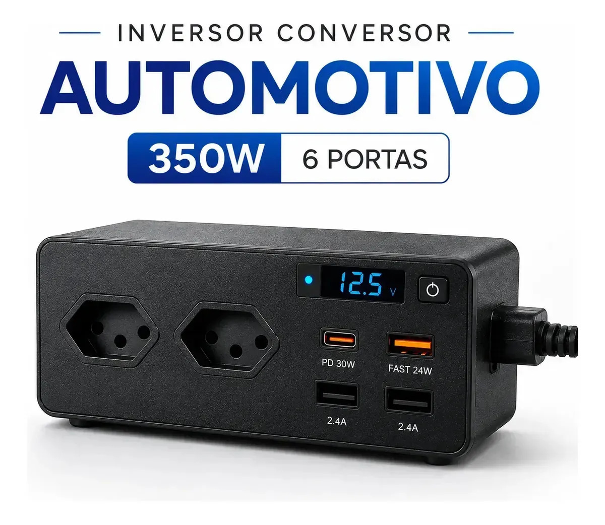 Conversor Inversor Carro 350w 12v Para 110v 6 Portas Automotivo Tomada Carro Veicular Motorhome USB e LED