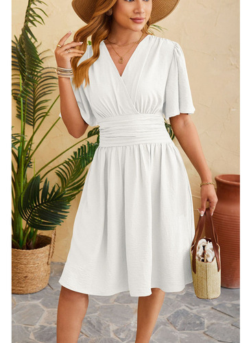 Vestido De Cintura Con Cuello En V Para Mujer De Moda