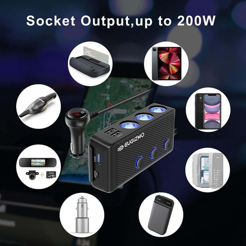 Divisor De Isqueiro De Carro Eugizmo 200w Com 3 Soquetes Com