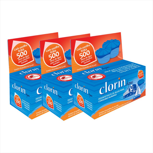 1 Pastilha 500 Litros De Água - 25 Pastilhas Clorin Kit C/3