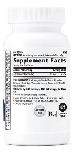Gnc Zinc 30 Mg De 100 Tabletas
