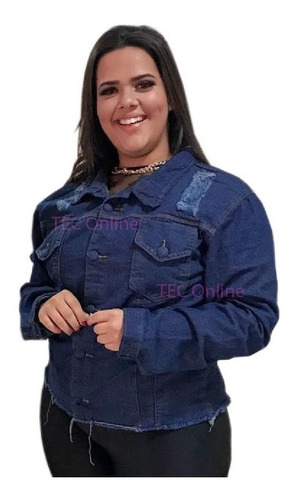 Jaqueta Jeans Feminino Plus Size Detalhe Rasgado G1 Ao G4