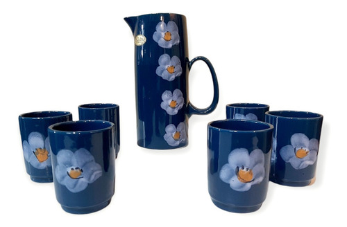 Juego De 6 Vasos + Jarra Vino Ceramica Blue Flowers