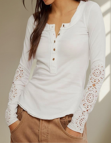 Blusa Remera Manga Larga Bordado Crochet Algodón Importado