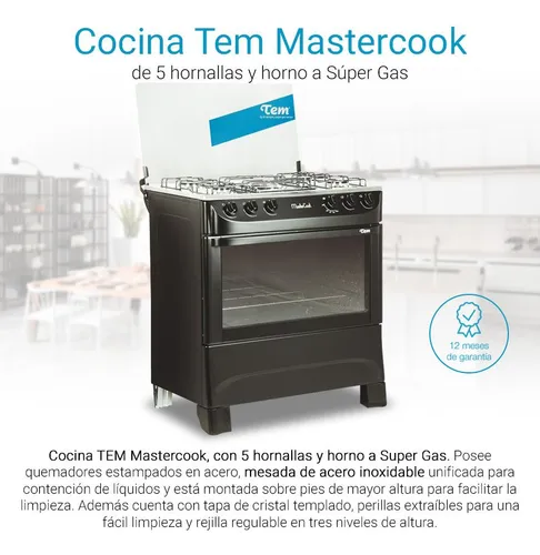 Cocina Tem Mastercook glp color negro con puerta con visor