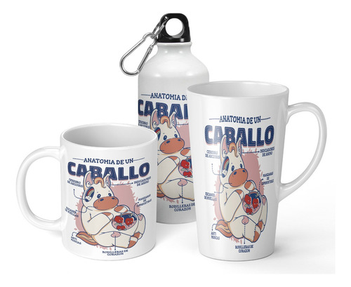 Set De Taza + Botella + Taza Conica Anatamia De Un Caballo