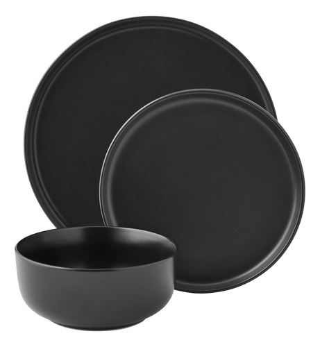 Mainstays Alessandra Juego De Vajilla Cerámica 12 Pzas Negro Color Negro Mate Liso