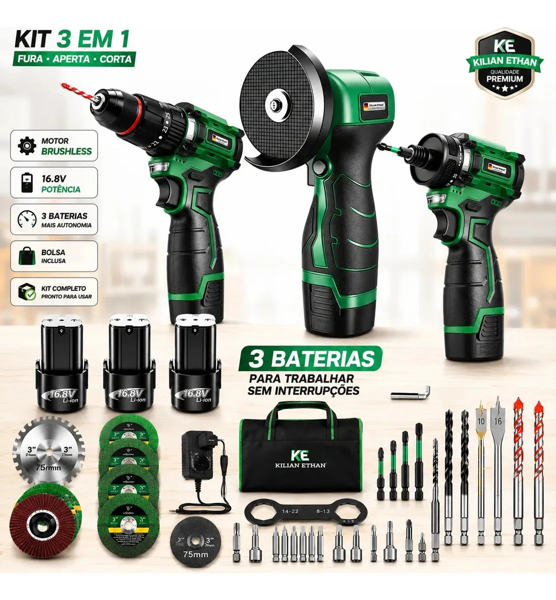 Kit Kilian Ethan 3 em 1: Furadeira, Parafusadeira e Mini Esmerilhadeira 3" Brushless com 3 Baterias