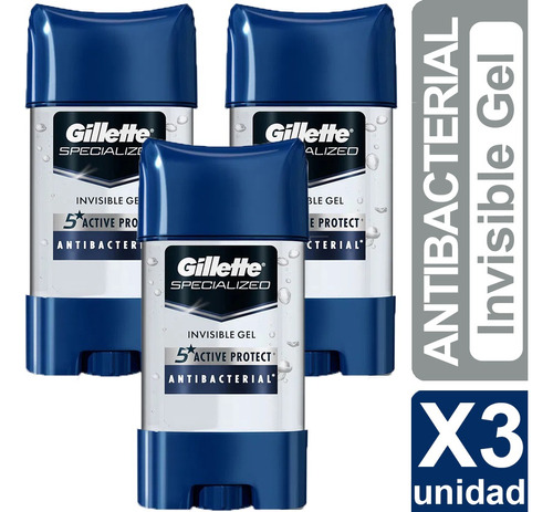 Desodorante Gillette Antibacterial Gel Invisible 82g X3 Unid