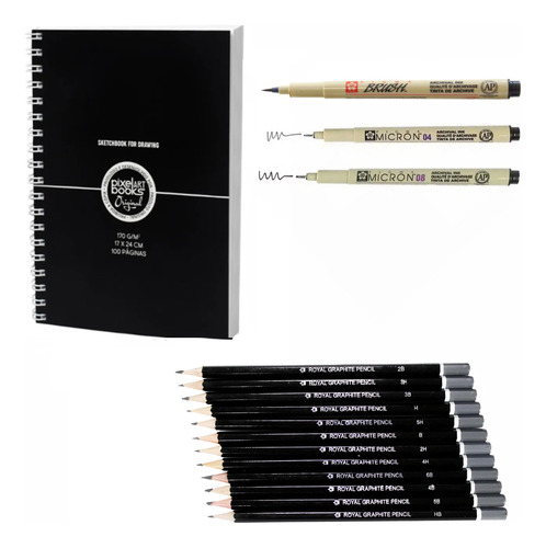 Sketchbook Com 100 Paginas + 12 Lápis Graduados + 3 Pigma