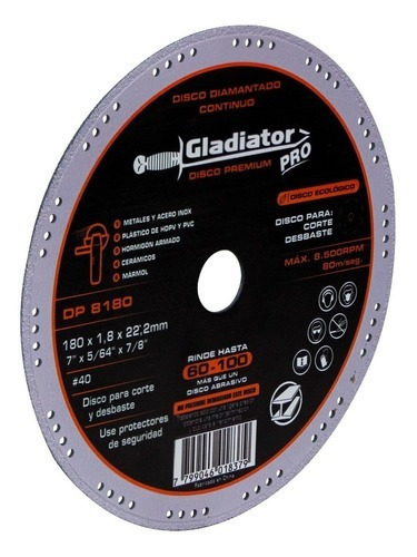 Disco Premium Diamantado 180mm Gladiator Pro - Dp8180 Color Negro