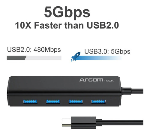 Mini Hub Argomtech De 4 Puertos Usb 3.0 Conexión Usb Tipo-c
