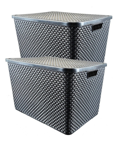 Conjunto de 2 caixas organizadoras de plástico Rattan Simil de 40 litros Arqpl, cor preta