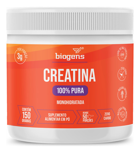 Creatina 100% Pura, 100% Monohidratada E Micronizada, Livre De Maltodextrina, 150g, Biogens